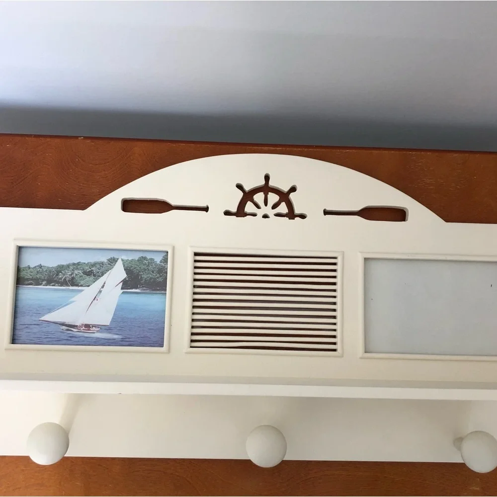 NEW Nautical Coastal Wall Shelf With Pegs & Photo Slots